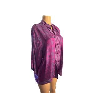 Women One Size Endless Knot Art 100% Silk Purple Asian Print Shirt Jacket Top